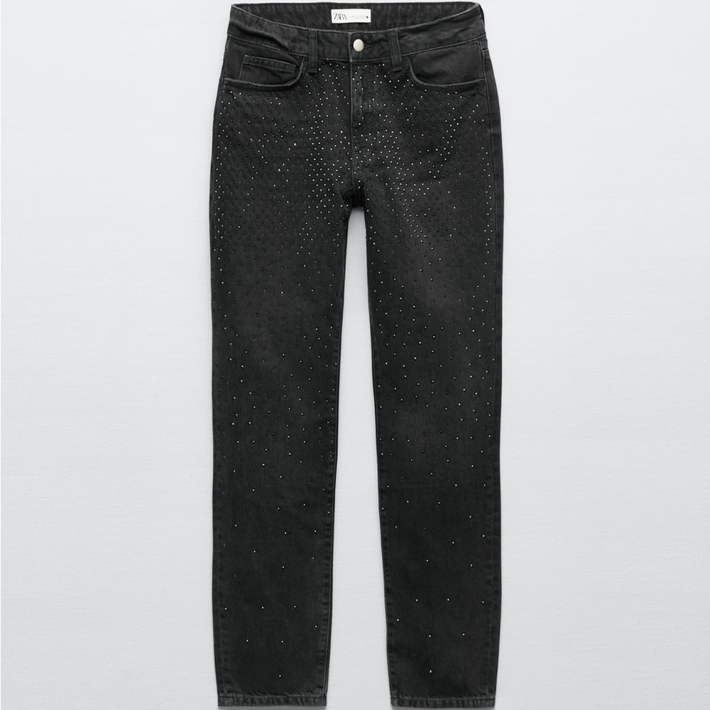 NEW NWT ZARA RHINESTONE SPARKLY SLIM FIT ANKLE MID RISE BLACK JEANS SZ 8